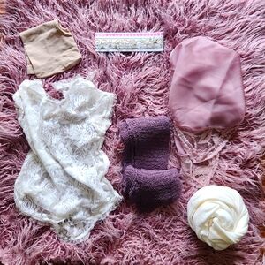 Newborn photoshoot Props- Flokati rug, lace onesie, star headband, 2 wraps